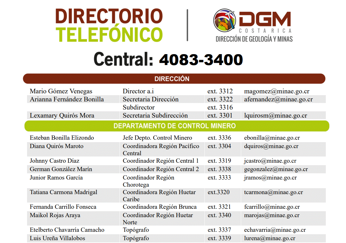Central telefónica 40833400
Dirección
Departamento Control Minero
